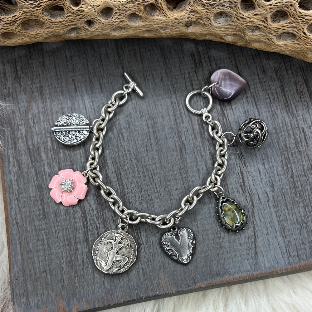 Handmade Silver tone Charm Bracelet with Pink and Green Accents